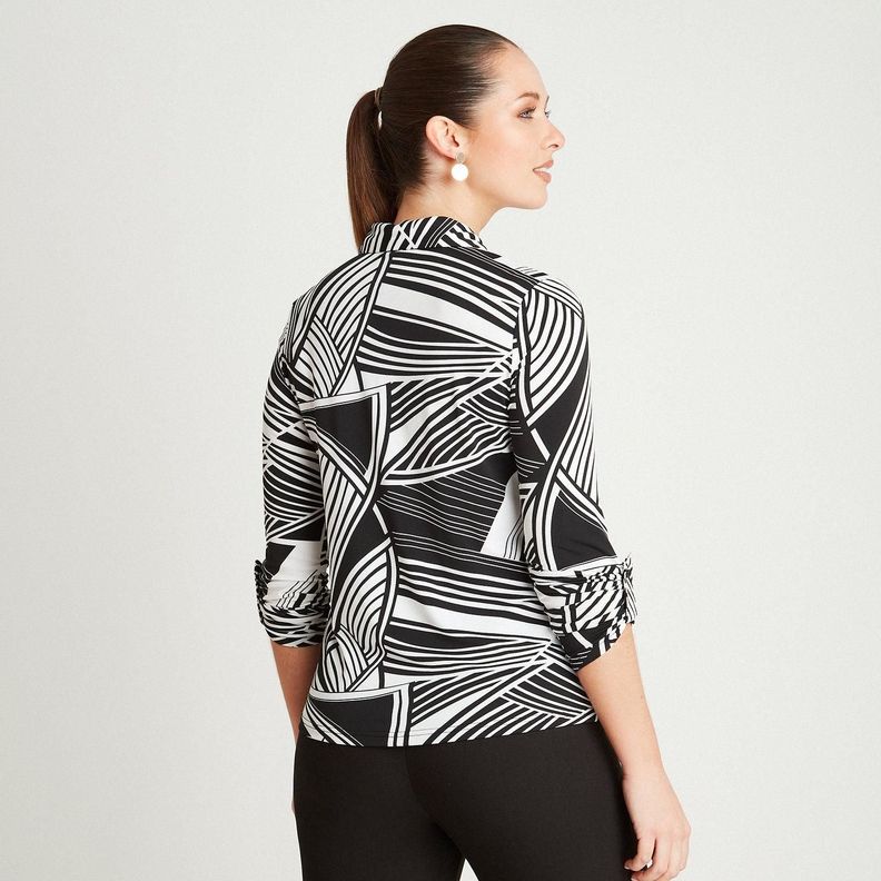 Polera Negro Manga Larga Estampado Cuello Camisero-1