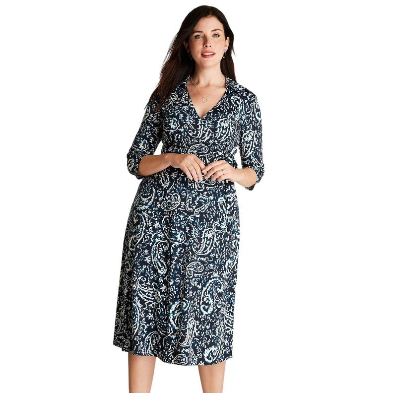 Vestido Midi Azul Manga 3,4 Estampado Cuello Camisero-0