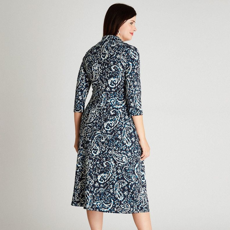 Vestido Midi Azul Manga 3,4 Estampado Cuello Camisero-1