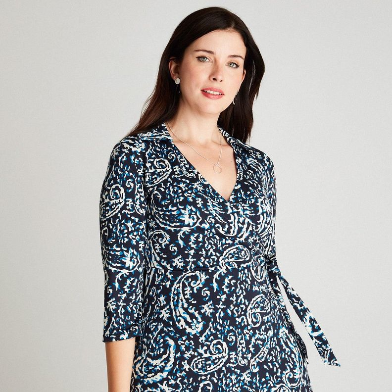 Vestido Midi Azul Manga 3,4 Estampado Cuello Camisero-2