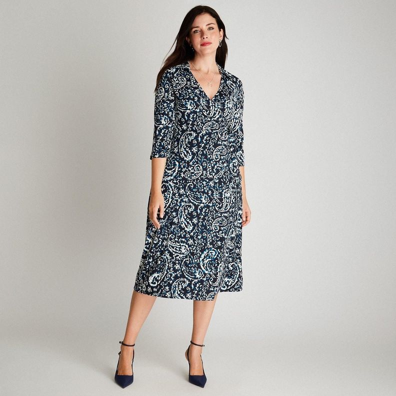 Vestido Midi Azul Manga 3,4 Estampado Cuello Camisero-3