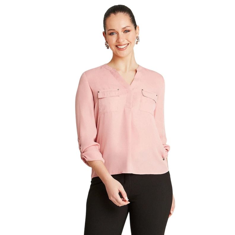 Blusa Rosa Manga Larga Cuello Mao-0