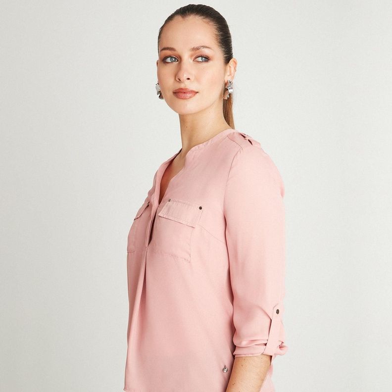 Blusa Rosa Manga Larga Cuello Mao-2