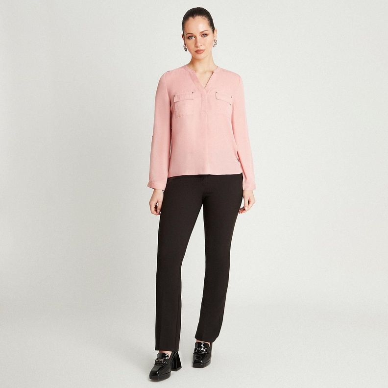 Blusa Rosa Manga Larga Cuello Mao-3