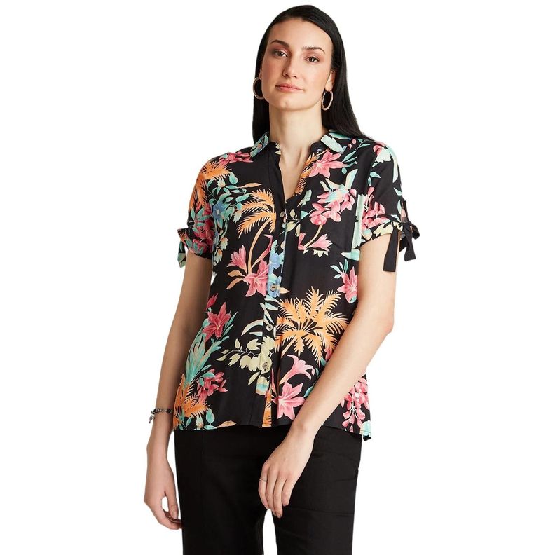 Blusa Negro Manga Corta Estampado Cuello Camisero-0