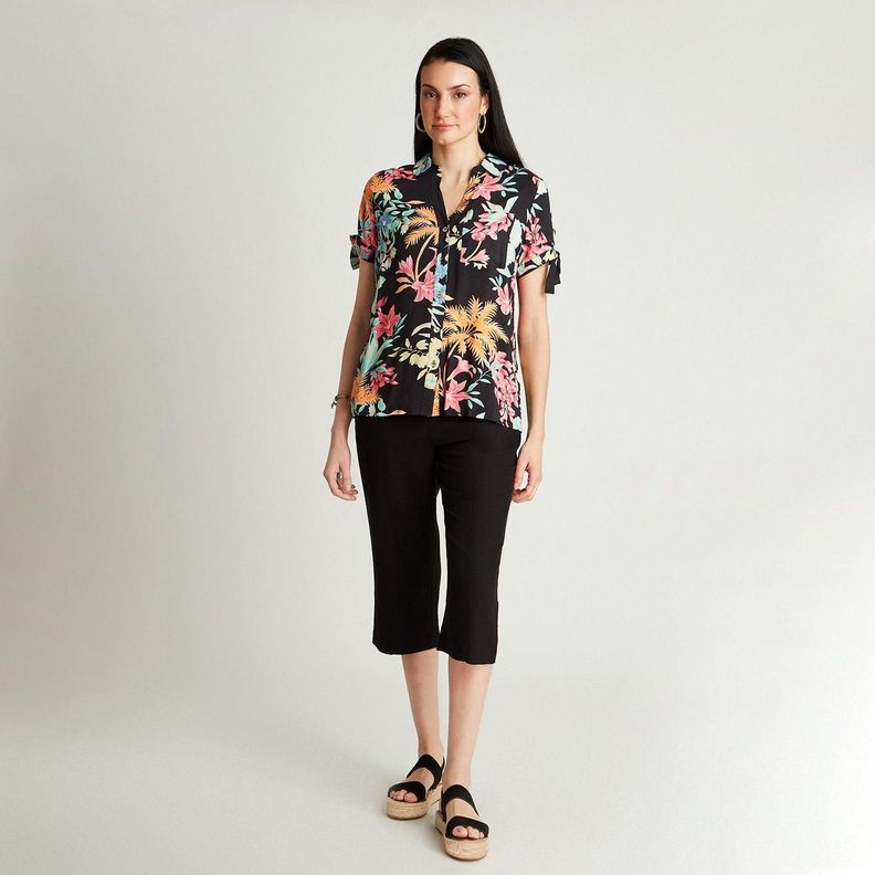 Blusa Negro Manga Corta Estampado Cuello Camisero-3