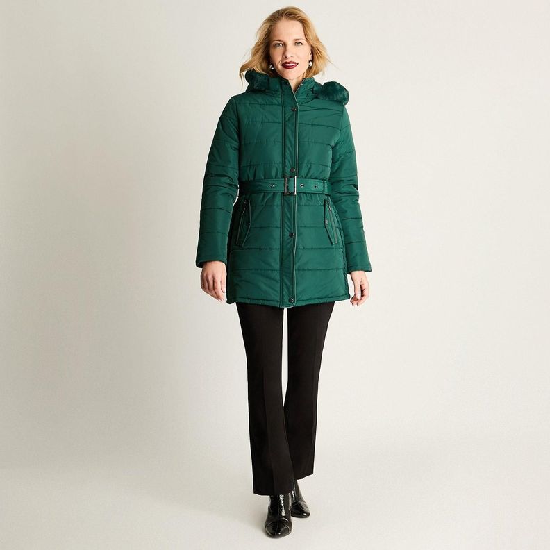 Parka Larga Gruesa Forrada Con Cinturón Verde-2