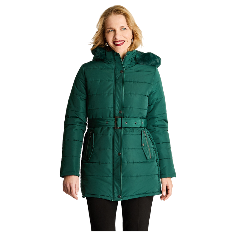 Parka Larga Gruesa Forrada Con Cinturón Verde-4