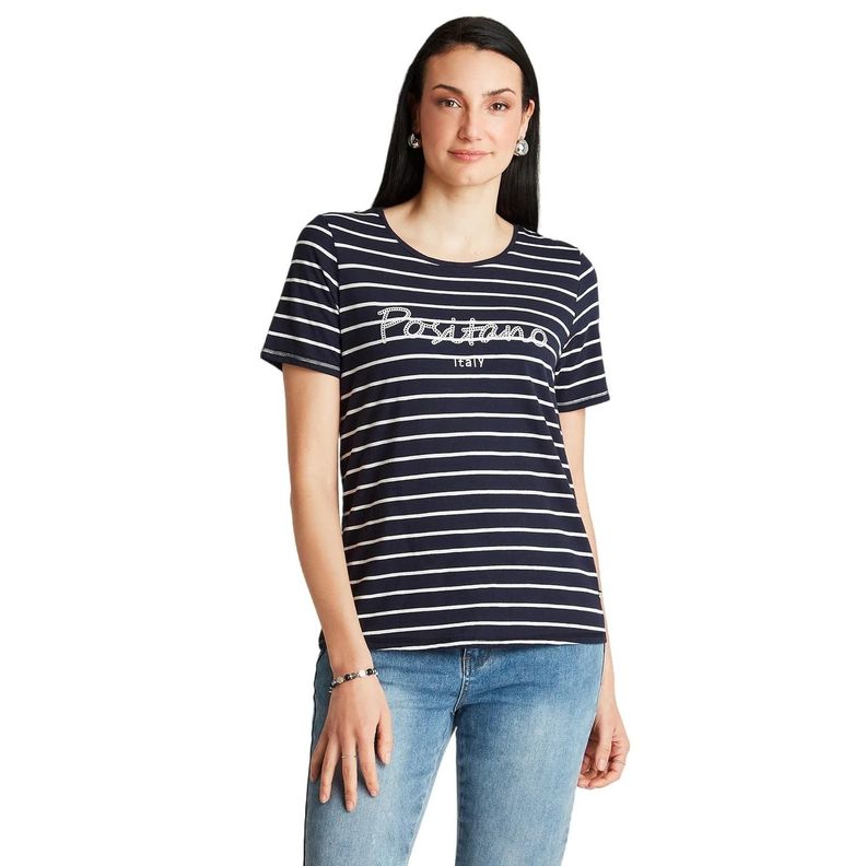 Polera Azul Manga Corta Listada Cuello Redondo-0