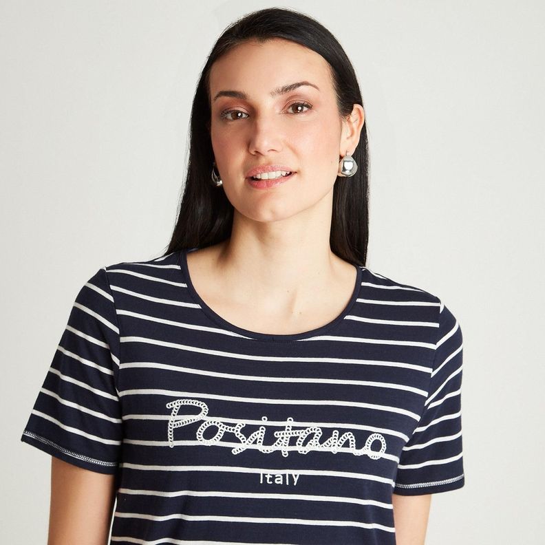 Polera Azul Manga Corta Listada Cuello Redondo-2