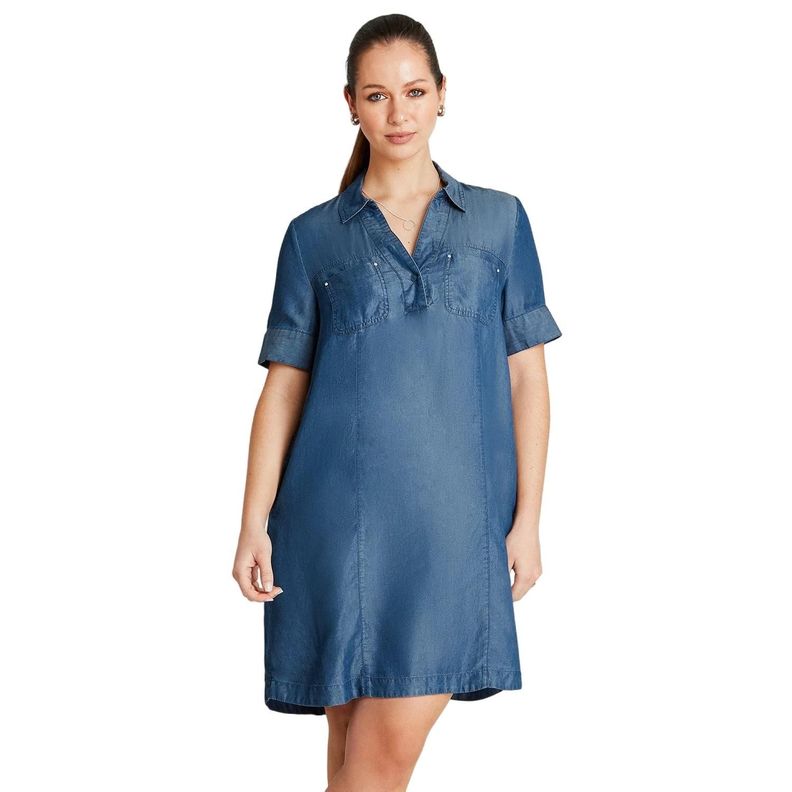 Vestido Corto Azul Oscuro Manga Corta Cuello Camisero-0