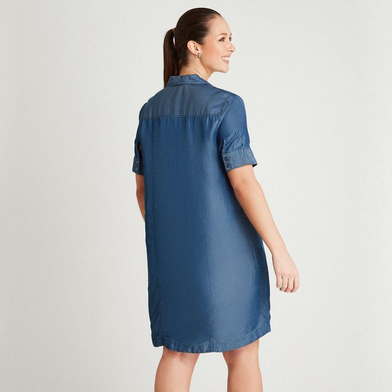 Vestido Corto Azul Oscuro Manga Corta Cuello Camisero-1