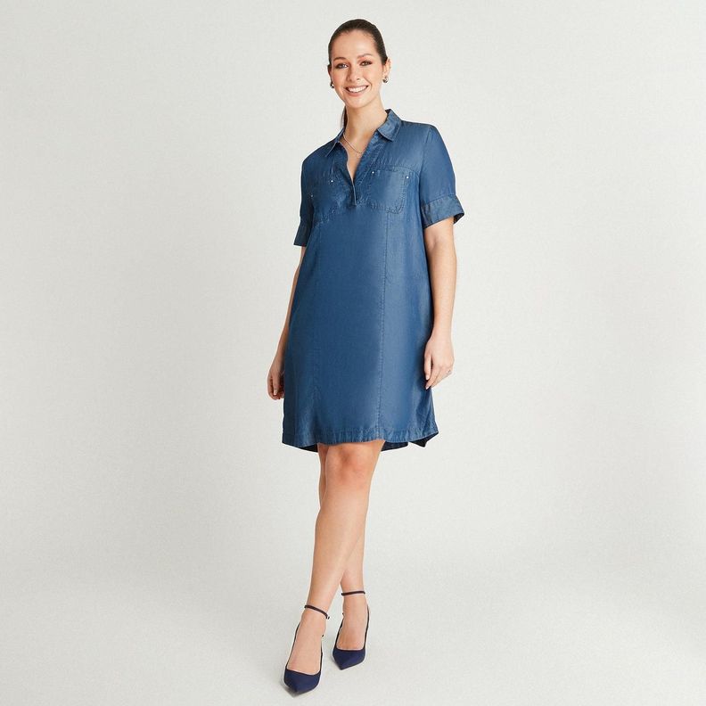 Vestido Corto Azul Oscuro Manga Corta Cuello Camisero-3