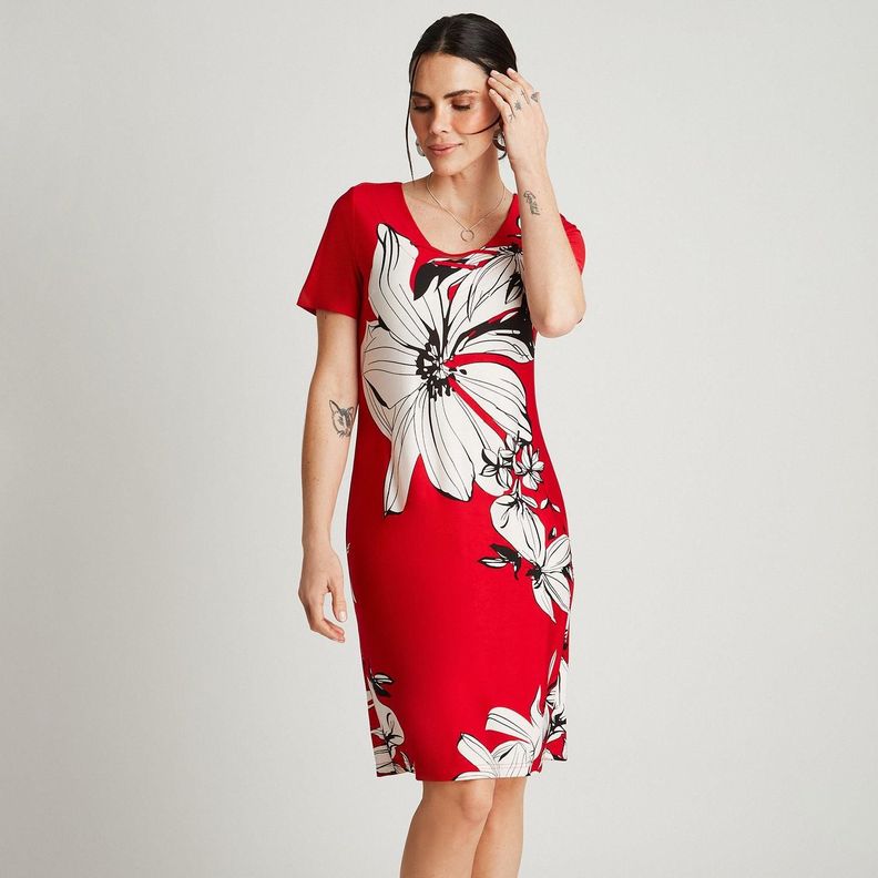 Vestido Midi Rojo Manga Corta Estampado Cuello V-0