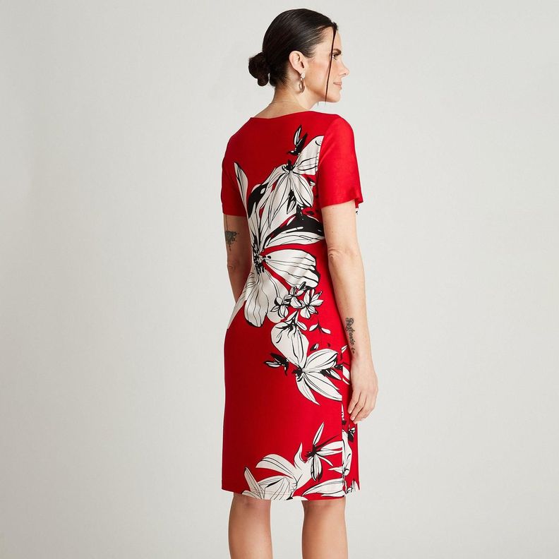 Vestido Midi Rojo Manga Corta Estampado Cuello V-1