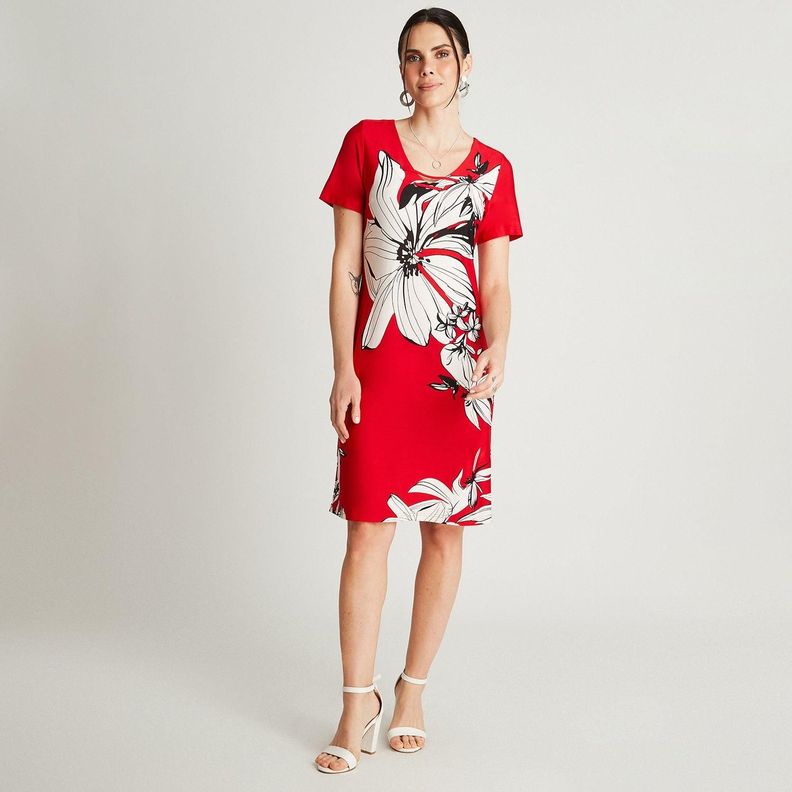 Vestido Midi Rojo Manga Corta Estampado Cuello V-3