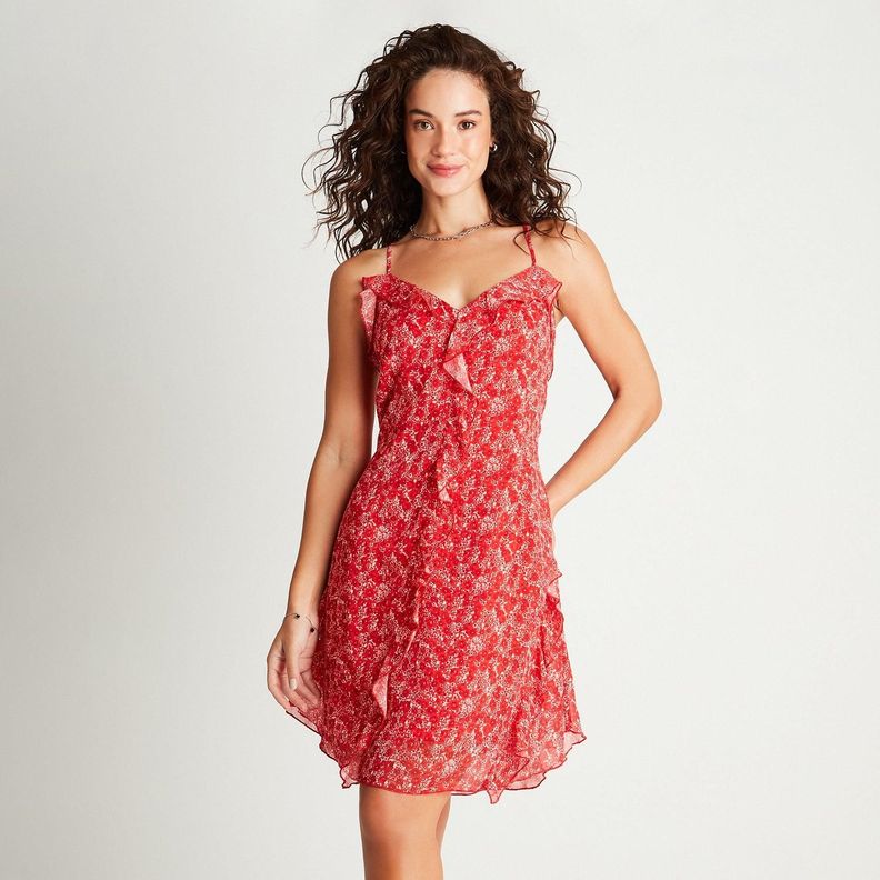 Vestido Corto Rojo Estampado Tirantes-0