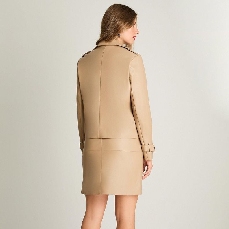 Chaqueta De Ecocuero Manga Larga Tipo Trench A La Cadera Camel-1