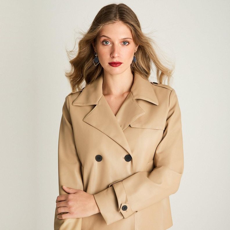 Chaqueta De Ecocuero Manga Larga Tipo Trench A La Cadera Camel-2