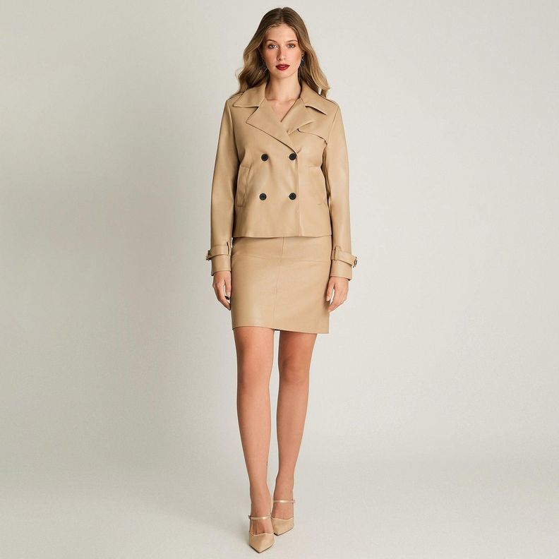 Chaqueta De Ecocuero Manga Larga Tipo Trench A La Cadera Camel-3
