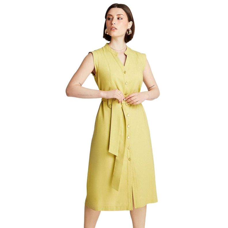 Vestido Midi De Lino Pistacho Sin Mangas Con Cinturón-0