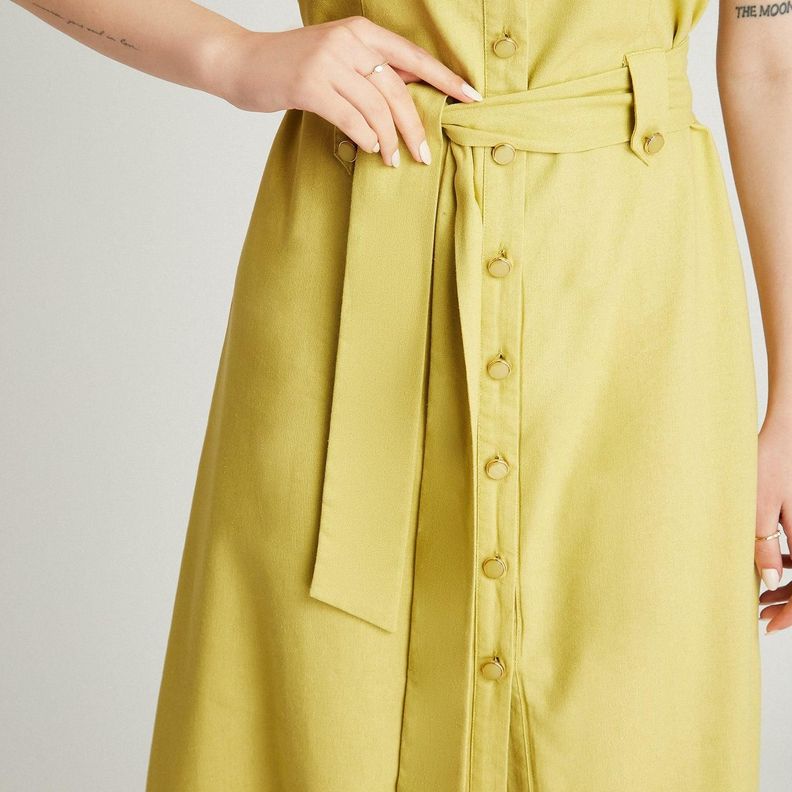 Vestido Midi De Lino Pistacho Sin Mangas Con Cinturón-2