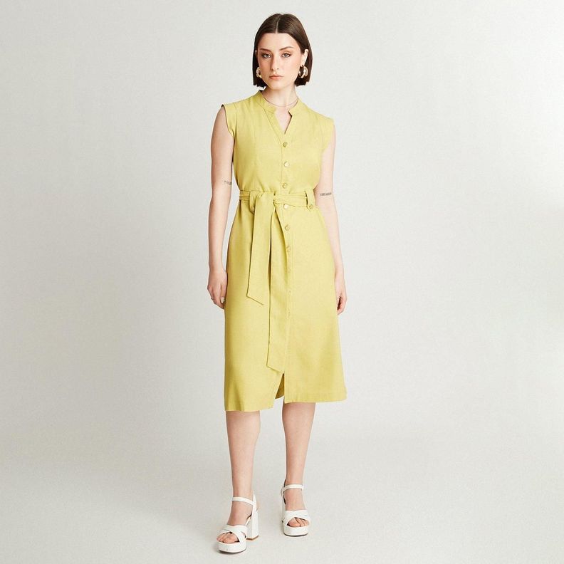 Vestido Midi De Lino Pistacho Sin Mangas Con Cinturón-3