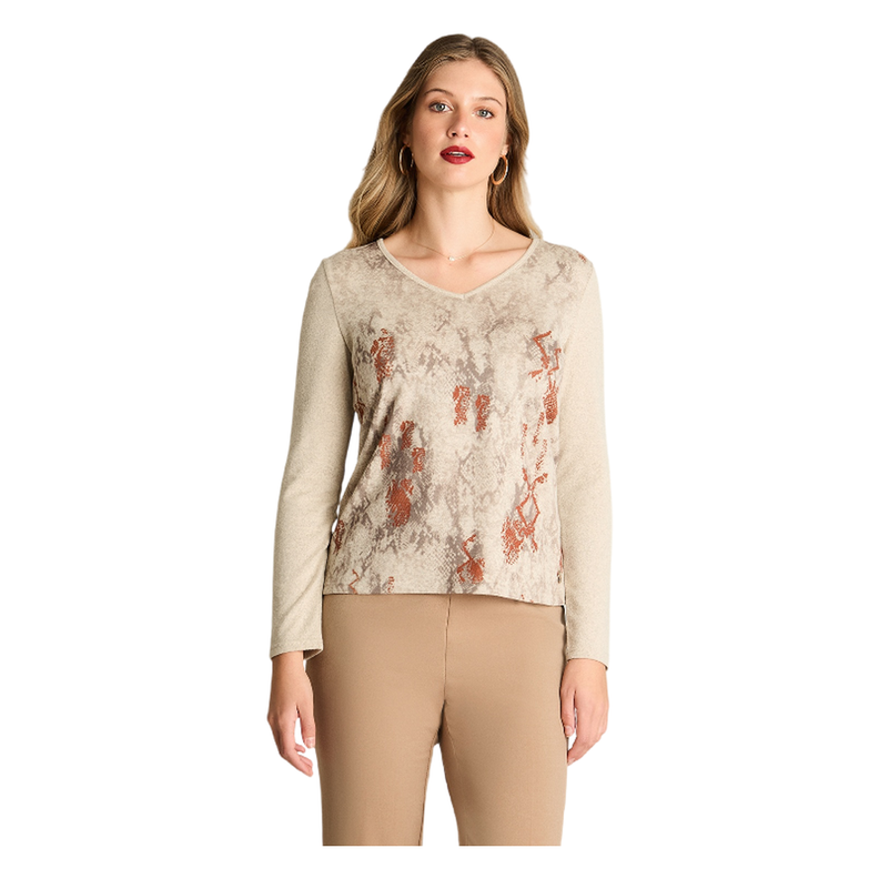 Polera Manga Larga Lanialla Escote V Estampada Beige-0