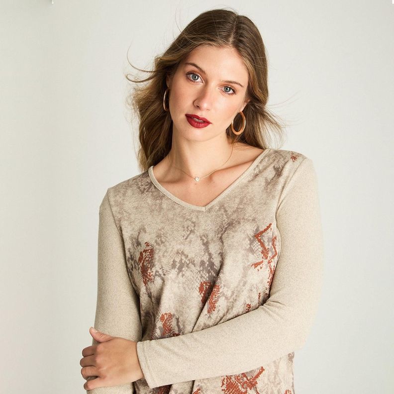 Polera Manga Larga Lanialla Escote V Estampada Beige-2