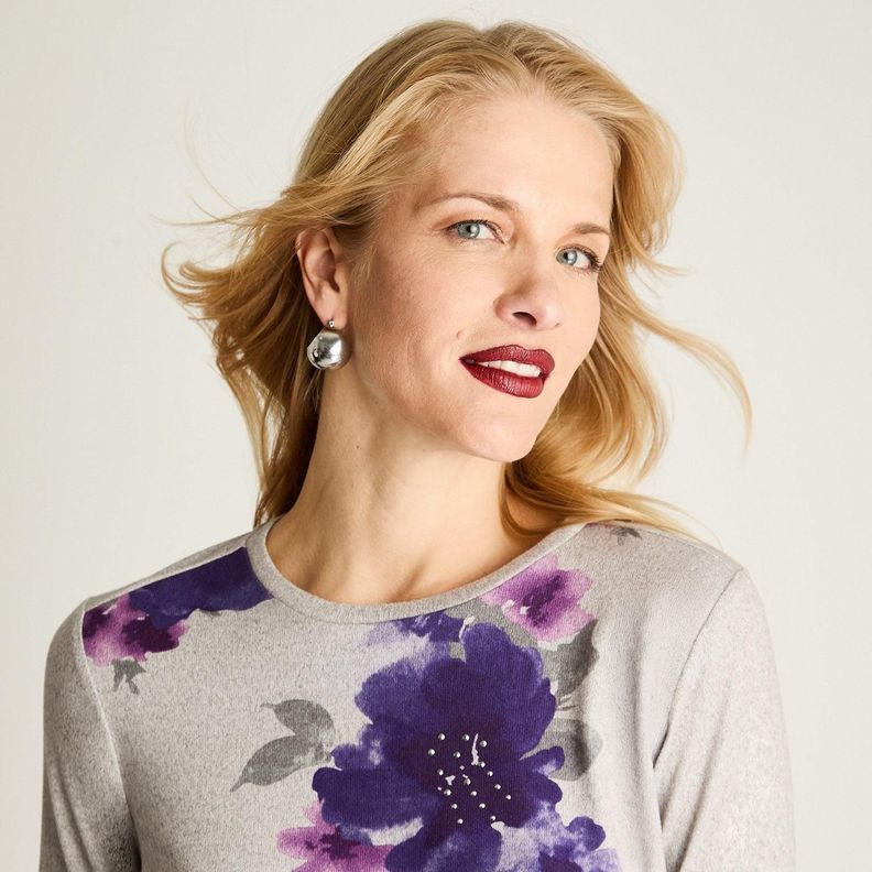 Polera Manga Larga Lanilla Estampada Con Strass Gris-1