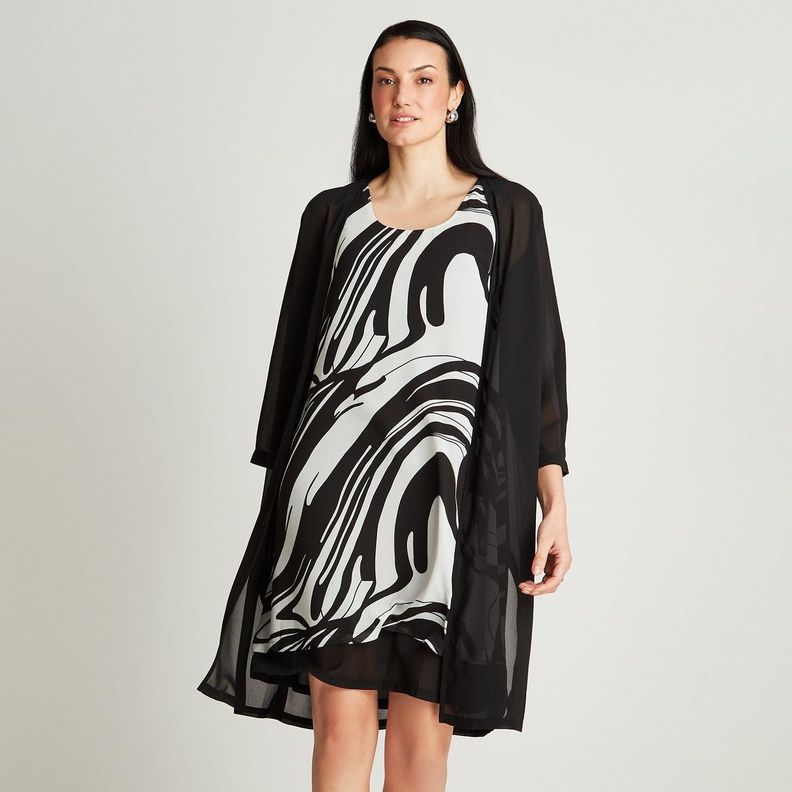 Vestido Midi Negro Con Tapadito Estampado Cuello Redondo-0