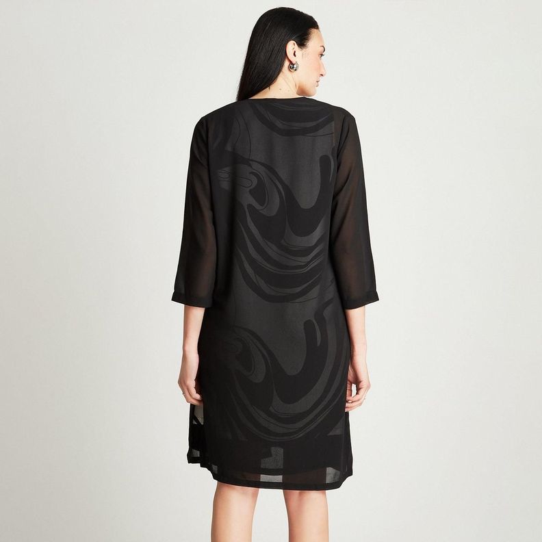 Vestido Midi Negro Con Tapadito Estampado Cuello Redondo-1