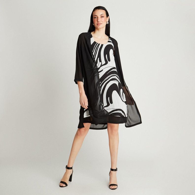 Vestido Midi Negro Con Tapadito Estampado Cuello Redondo-3