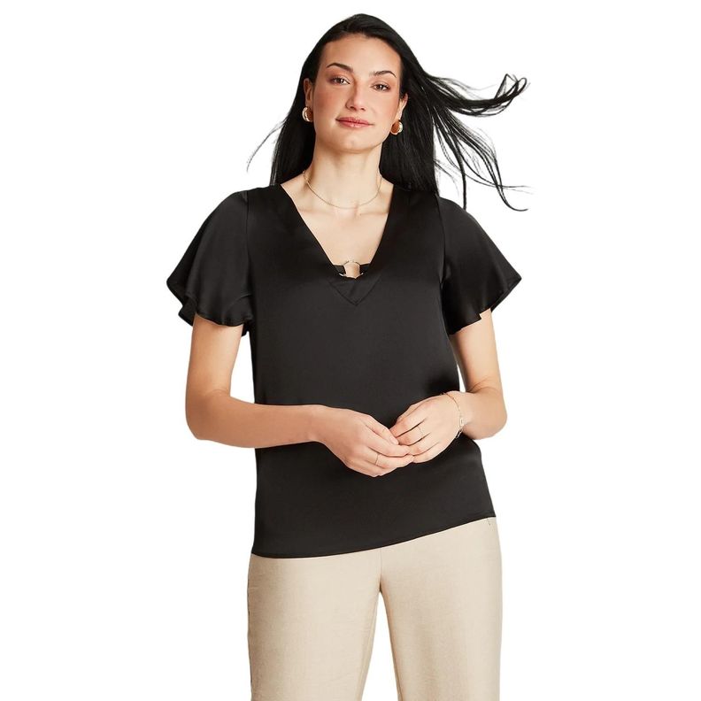 Blusa Negro Manga Corta Cuello V-0