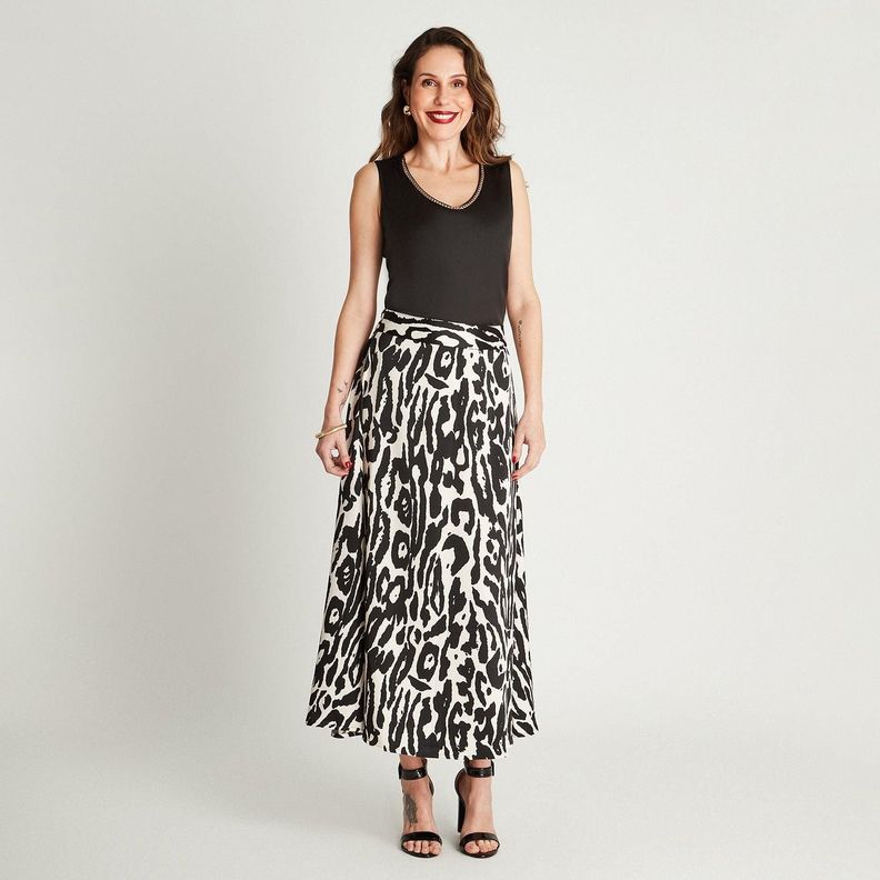 Falda Negro Largas Estampado Acampanada-3