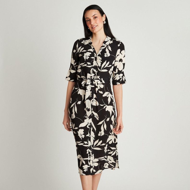 Vestido Midi Negro Manga Codo Estampado Cuello Camisero-0
