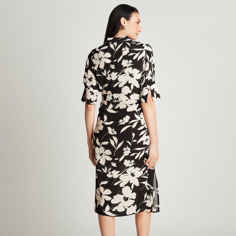 Vestido Midi Negro Manga Codo Estampado Cuello Camisero-1