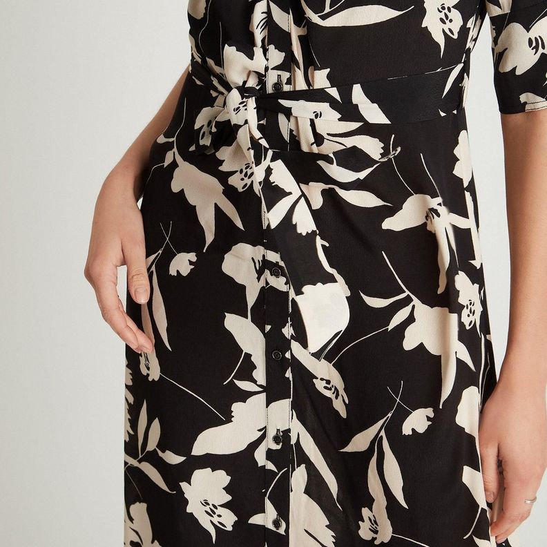Vestido Midi Negro Manga Codo Estampado Cuello Camisero-2