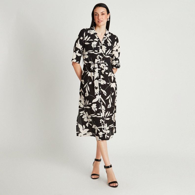 Vestido Midi Negro Manga Codo Estampado Cuello Camisero-3