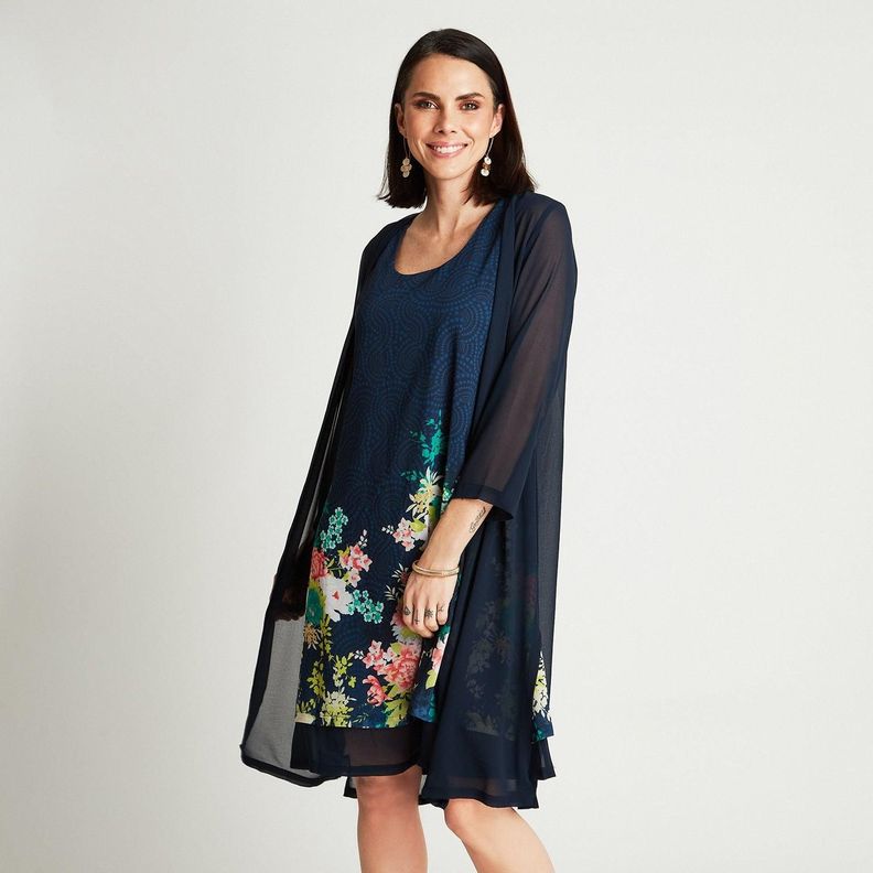 Vestido Midi Azul Con Tapadito Estampado Cuello Redondo-0
