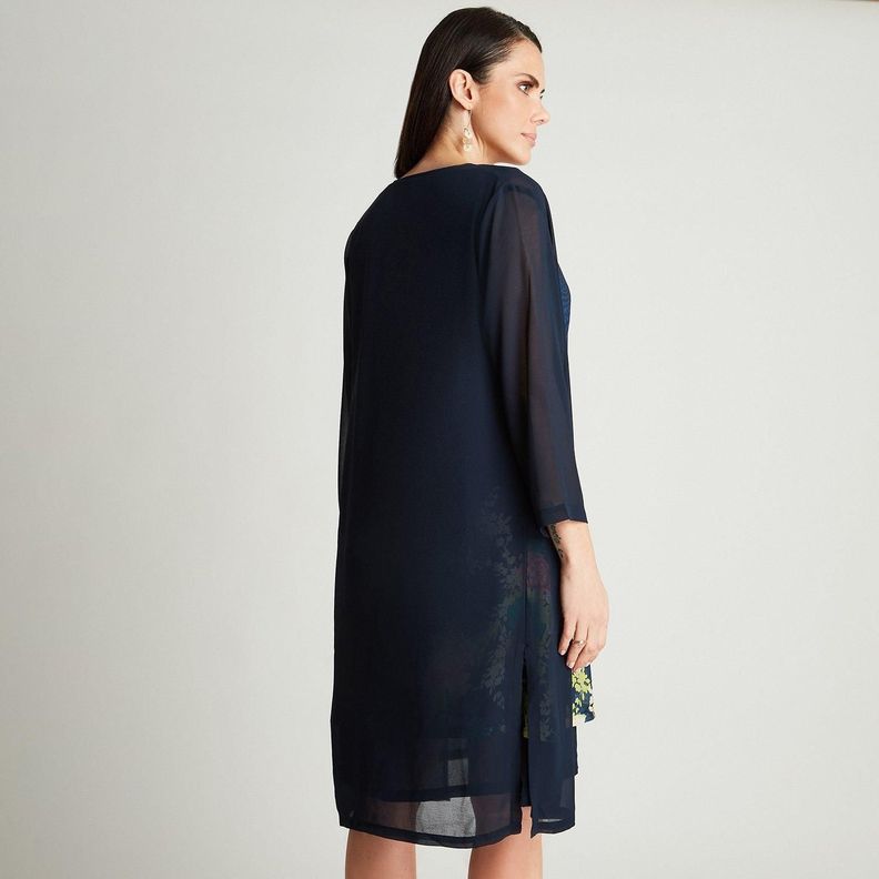 Vestido Midi Azul Con Tapadito Estampado Cuello Redondo-1