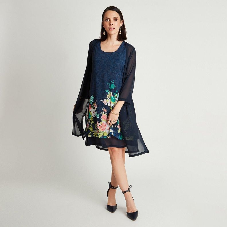 Vestido Midi Azul Con Tapadito Estampado Cuello Redondo-3