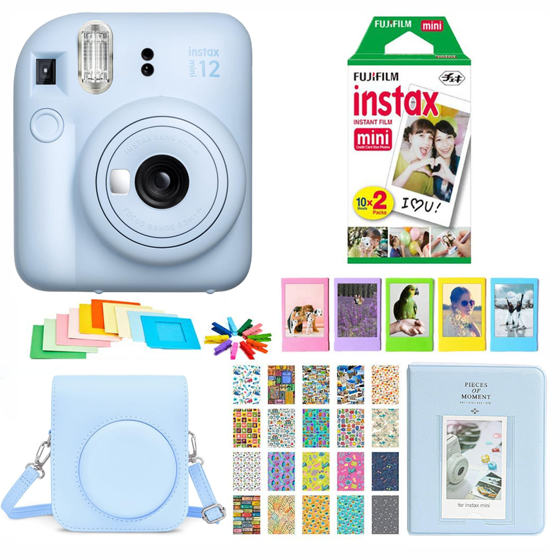 SET COMPLETO CÁMARA FUJIFILM INSTAX MINI 12 CELESTE +20 PELÍCULAS +ACCESORIOS-0