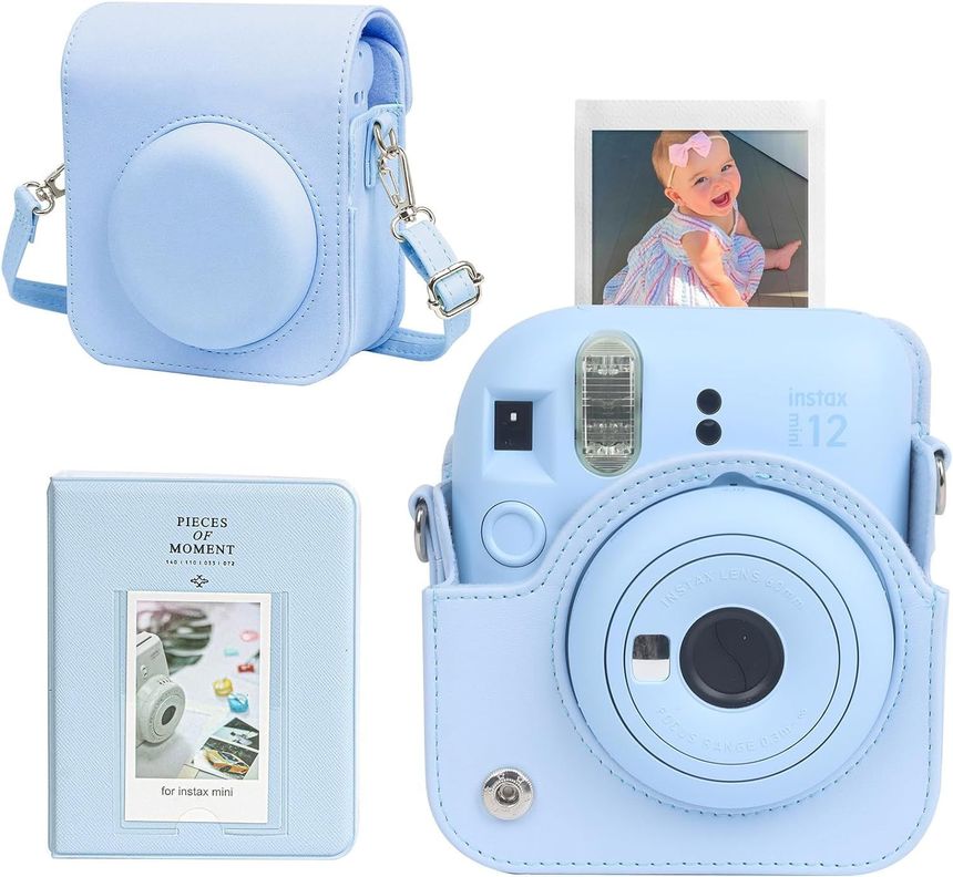 SET COMPLETO CÁMARA FUJIFILM INSTAX MINI 12 CELESTE +20 PELÍCULAS +ACCESORIOS-3