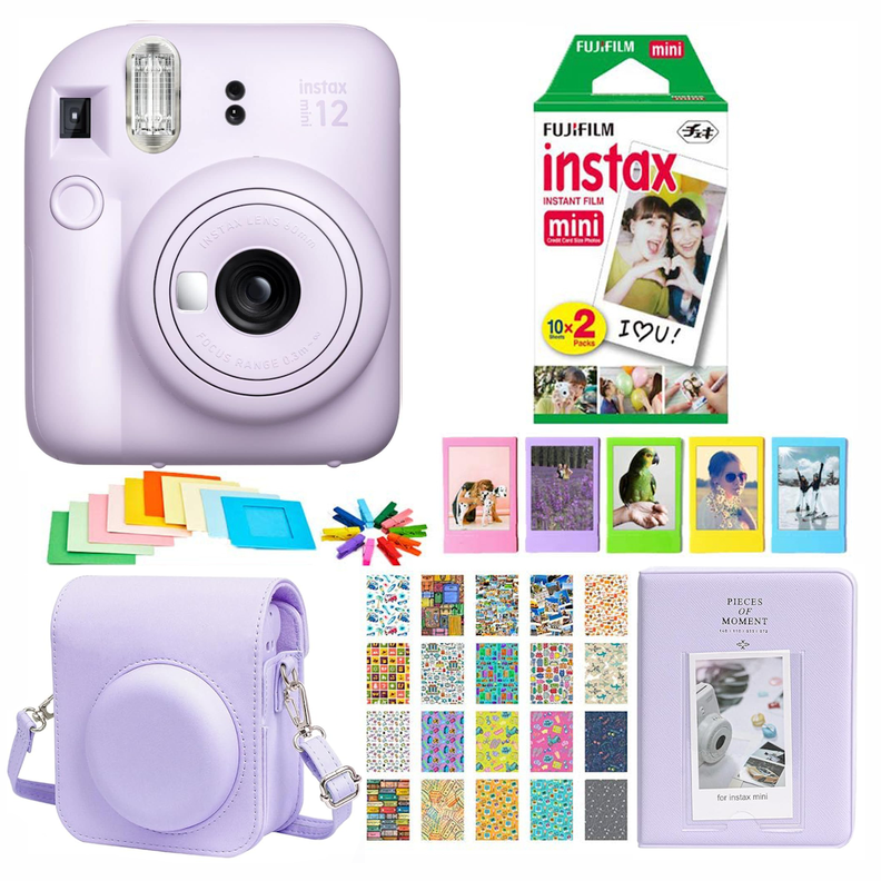 SET COMPLETO CÁMARA FUJIFILM INSTAX MINI 12 LILA +20 PELÍCULAS +ACCESORIOS-1