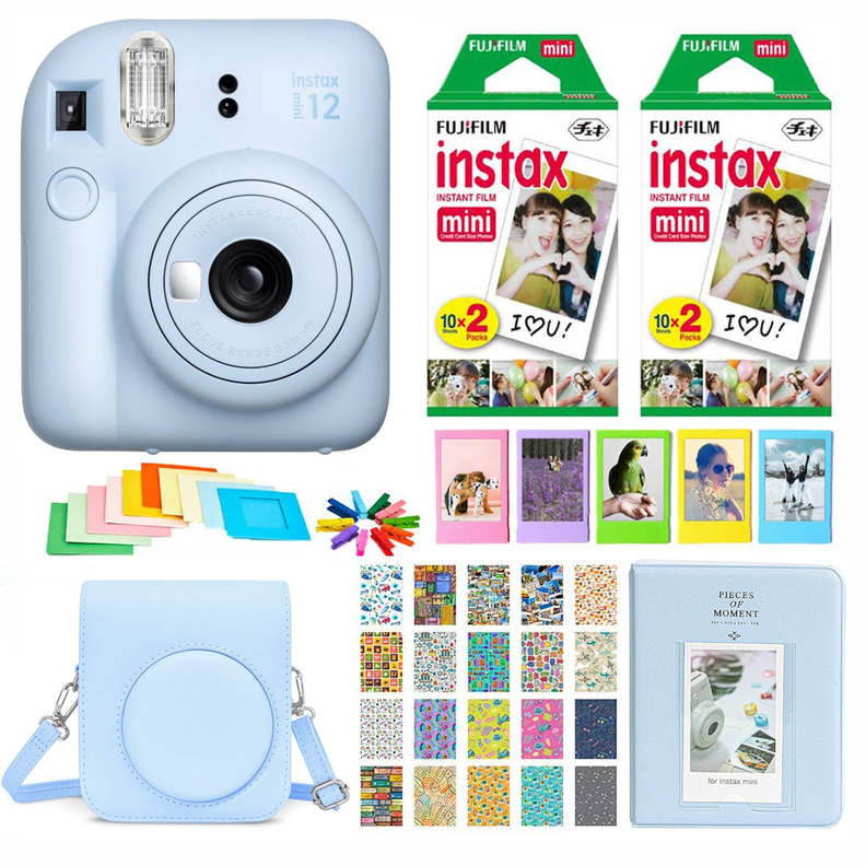 SET COMPLETO CÁMARA FUJIFILM INSTAX MINI 12 CELESTE +40 PELÍCULAS +ACCESORIOS-0