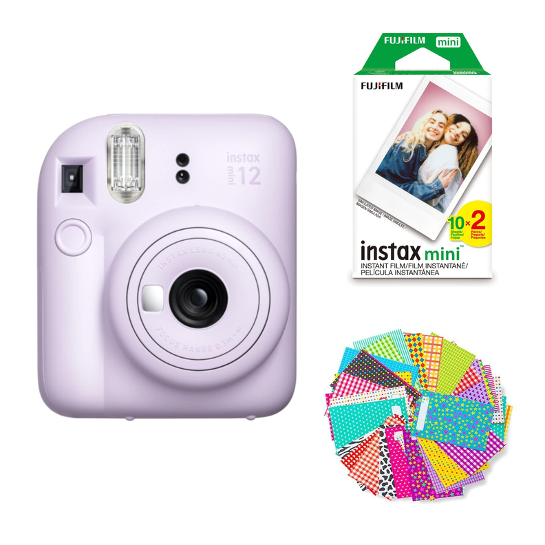 SET CAMARA FUJIFILM INSTAX MINI 12 + 20 FILM + MARCOS ADHESIVOS Lila