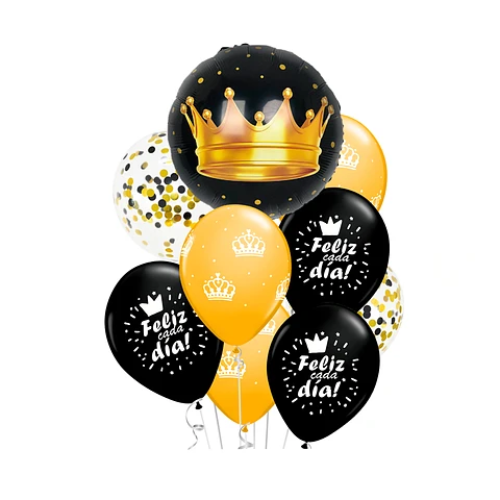 Set De Globos Corona Negro Y Dorado 9Pcs