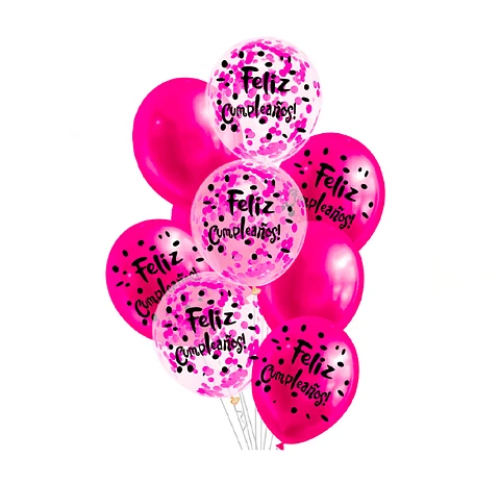 Set De Globos Latex Feliz Cumpleaños Fucsia Con Confeti 9Pcs-0