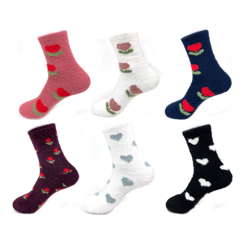 Calcetines De Mujer Plush Con Diseño Flores Corazon 12 Unid-1